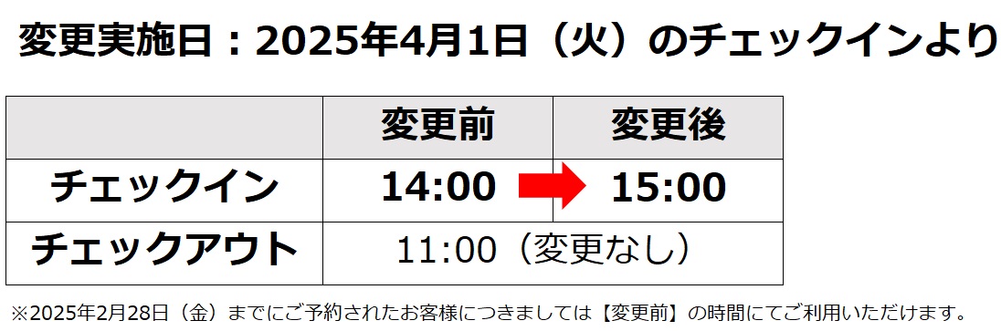 チェックイン時間変更のお知らせ　　　　　　　　　　　　　　　　　　　　　　　　　　　（2025年4月1日（火）より）